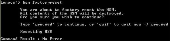 Command prompt window running lunacm command used to perform a factory reset on the HSM